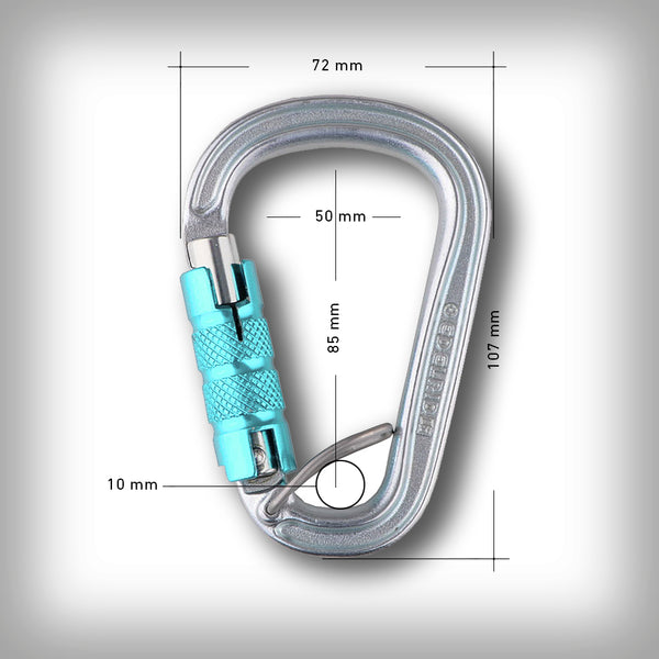 EDELRID KARABINER BRUCE STEEL TRIPLE FG- Extrem robuster Stahlkarabiner in HMS-Form mit integriertem Drahtbügel zum Schutz gegen Verdrehen. Ideal für den Einsatz, bei dem mit erhöhtem Verschleiss zu rechnen ist. Dies ist kein leichter Karabiner aber einer welcher sicher hält. Er hat eine enorme Lastkraft. Er eignet sich ideal für die Befestigung des Gespanns an einem Wagen oder Trike.
