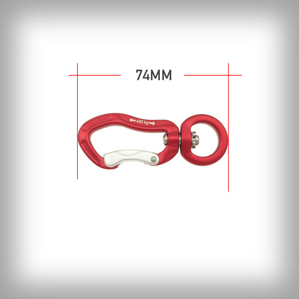KARABINER AUS ALUMINIUM ELOXIERT 74MM- Vielseitig einsetzbarer, leichtgewichtiger, aber aussergewöhnlich starker Karabinerhaken mit drehbarem Auge. Der Innendurchmesser des Auges beträgt 16 mm.