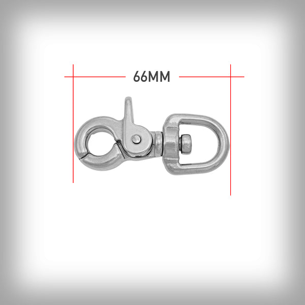 SCHERENKARABINER 66MM EDELSTAHL- Schnellverschluss-Scherenkarabinerhaken mit einem runden Drehauge, das ein Verdrehen und Verwickeln des befestigten Seils oder des runden Leders verhindert.
