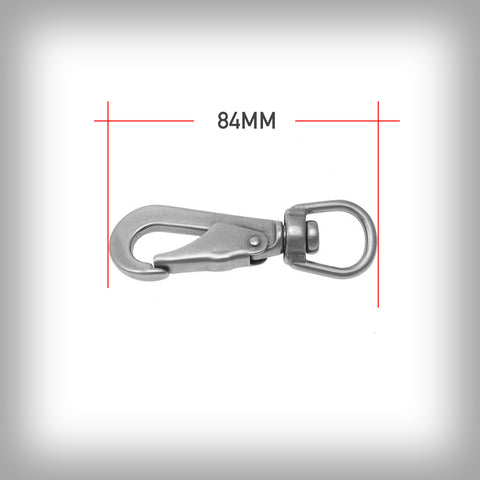 BOLZENKARABINER 84MM EDELSTAHL- Bolzenkarabiner aus Edelstahl mit drehbarem Rundwirbel. Rostfreier Stahl mit ausgezeichneter Korrosionsbeständigkeit, AISI 304.