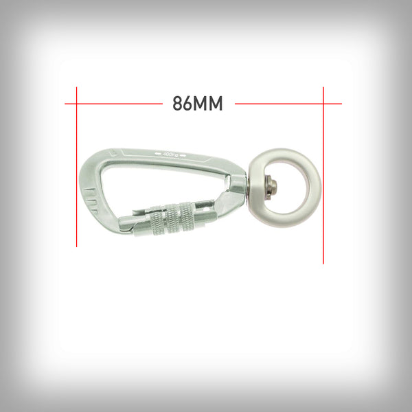 KARABINER AUS ALUMINIUM 86MM- Vielseitig einsetzbarer, leichtgewichtiger, aber aussergewöhnlich starker Karabinerhaken mit drehbarem Auge. Der Innendurchmesser des Auges beträgt 16 mm. Dieser Karabinerhaken ist aus einem Material hergestellt, das auch in der Luftfahrtindustrie zum Einsatz kommt.