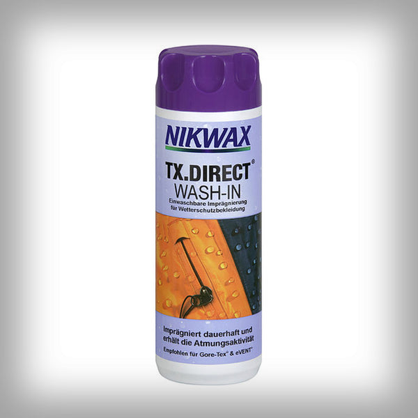 NIKWAX TX.DIREKT WASH-IN- Einwaschbare Imprägnierung für Wetterschutzbekleidung Erneuert und belebt die Amtungsaktivität in Funktionsbekleidung ohne "Wicking" Futter.